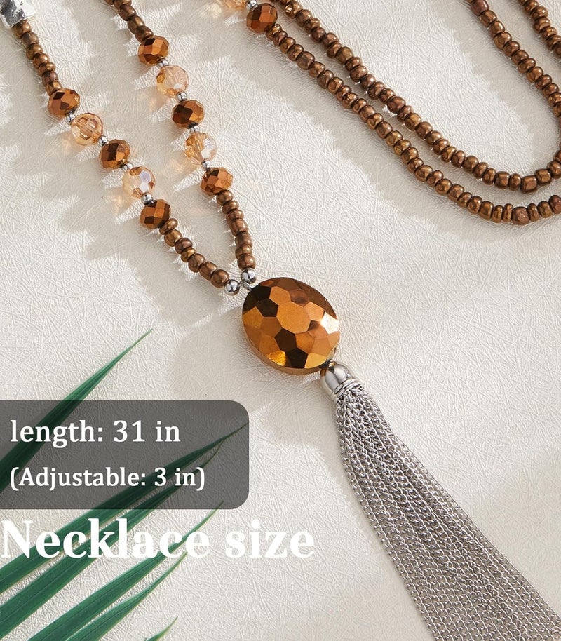 BULINLIN Boho Beaded Long Necklaces for Women Chunky Bead Pendant Necklace with Crystal Tassel Costume Jewelry Gifts for Her - Image 5